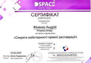 Сертифікат: Секрети майстерності прямої реставрації